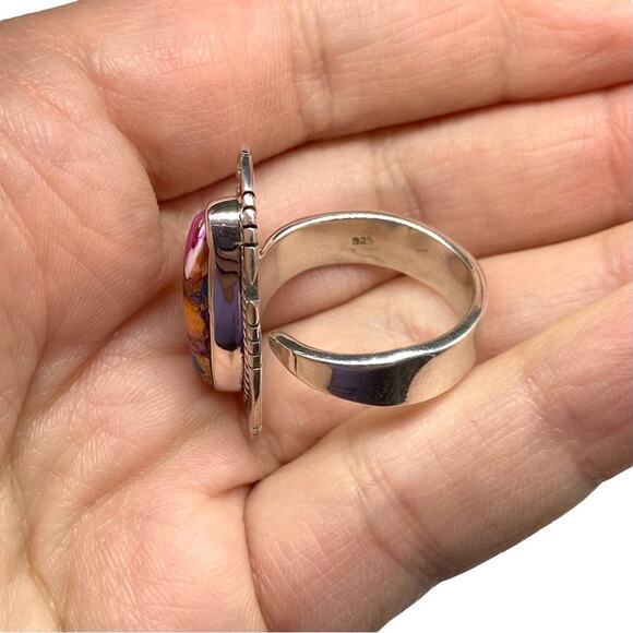 Kingman Pink Dahlia Turquoise Spiny Oyster Ring Adjustable 925 Sterling Silver - Picture 7 of 8